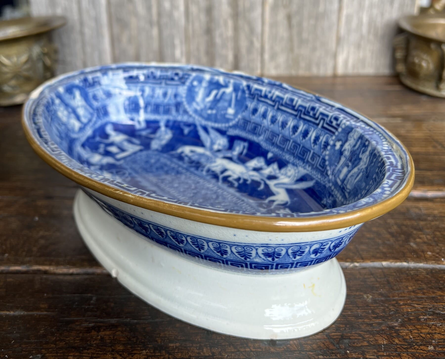 Herculanium? oval footed dish, Greek 'Attack of the Griffin' pattern in blue, c.1815