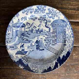 Early pearlware dish, underglaze blue 'Chinese Raft' pattern c.1800