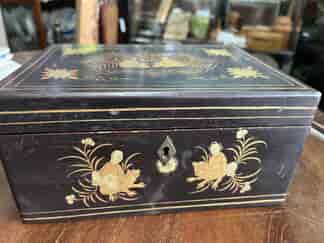 Chinese Export black lacquer box, gilt figures + flowers, mid- 19th century