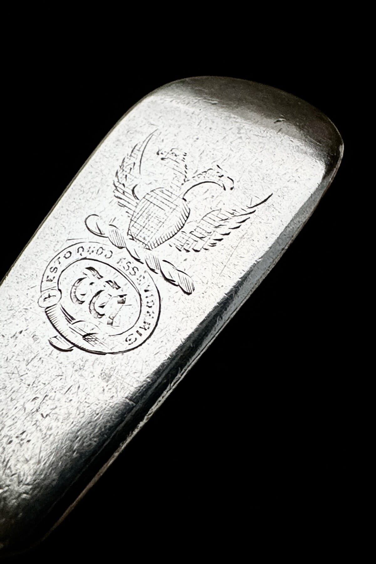 Sterling Silver desert spoon, arms of Coke, London 1845
