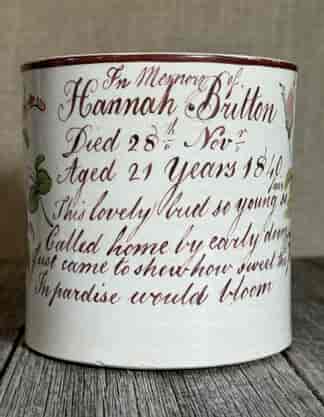 Staffordshire Pottery memorial mug, Hannah Button aged 21, 1840