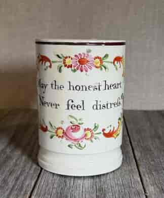 Creamware frog mug 'May the Honest Heart never feel distress'