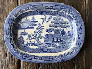 Small Staffordshire Pottery platter, Willow Pattern, c. 1865