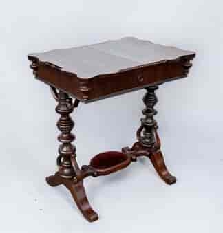 Rosewood work table with unusual sliding top, stretcher pincushion, French c. 1865