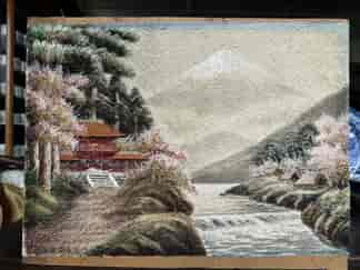 Japanese scenic hand-embroidered silk panel, Mt Fuji, c. 1920