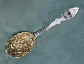 Fine quality Sterling Silver berry spoon, embossed fruit & flowers, Josiah Williams & Co, Bristol, hallmarked London 1896