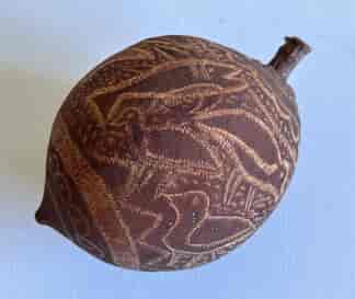 Western Australia engraved boab-tree nut, birds & fish, latter 20th century