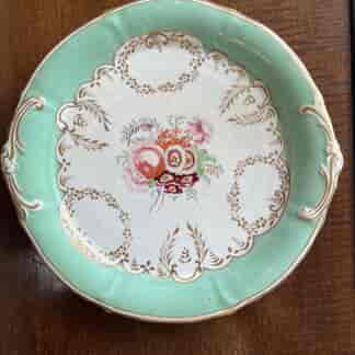 English porcelain dish, flower group in apple green border, c. 1835