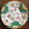 English porcelain plate, roses & gilt scrollwork in apple green border, c. 1825