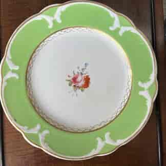 Derby plate, apple green with c-scroll moulding & flowers, c. 1835