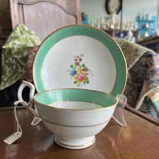 Daniel cup+saucer, green border central flowers, C. 1825