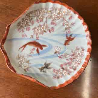 Japanese Shell shaped dish, goldfish & flowers, c. 1900
