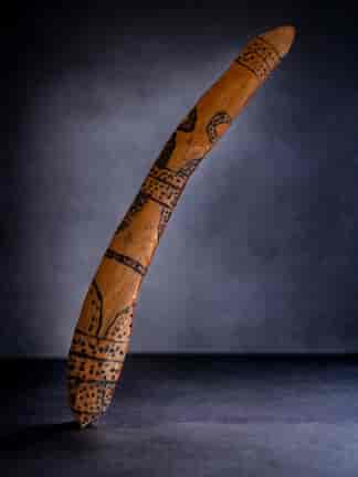Australian Aboriginal boomerang, burnt decoration, 20th century