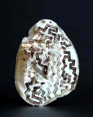 Engraved West Australian Aboriginal pearlshell riji - jakoli, geometric meander engraving, earlier 20th century