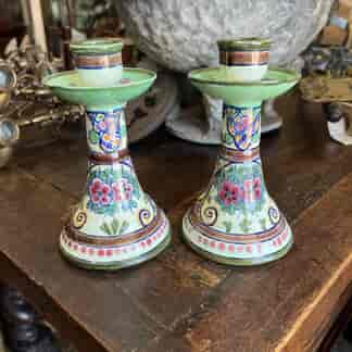 Pair of Dutch polychrome candlesticks, Gouda Pottery, c. 1925