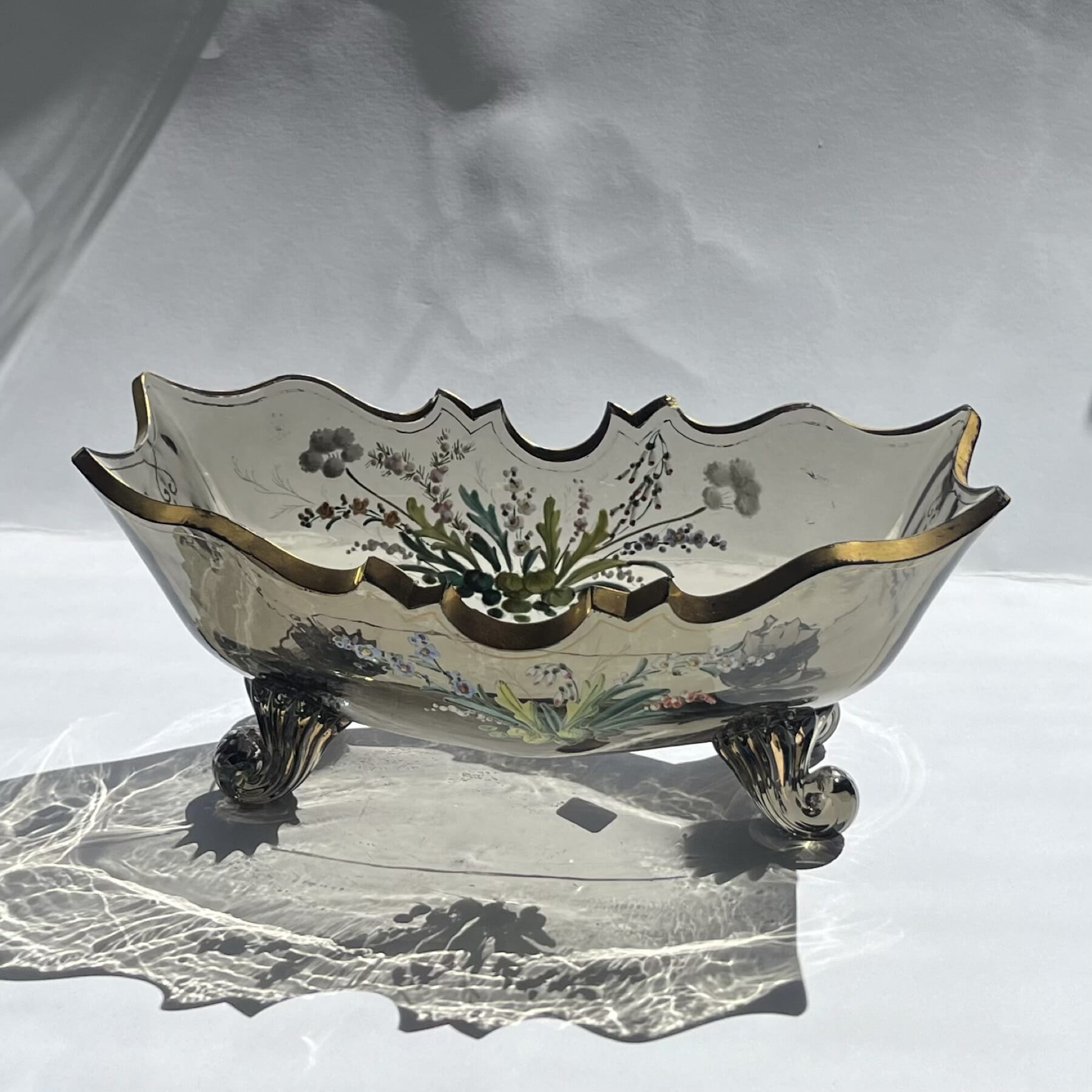 Victorian smokey-green glass centrepiece, flower dec, c.1890