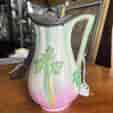 English Pottery 'Celery' jug, pink/green with pewter lid, reg. 1873