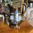 Victorian copper lustre jug, snake handle + flower enamels, c.1850