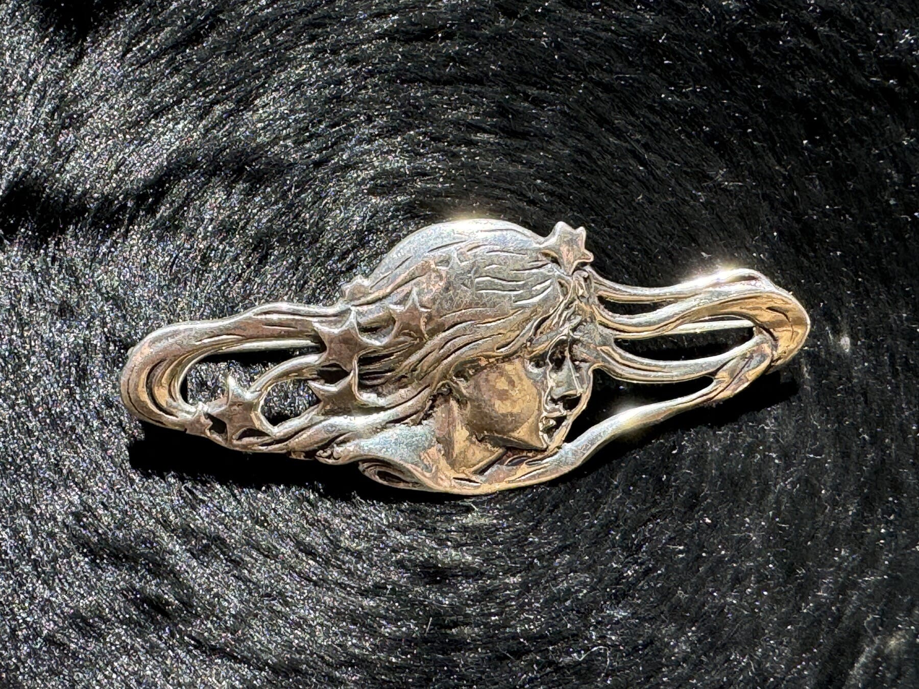 Sterling Silver Brooch, Art Nouveau lady with stars in her hair, 20th c.