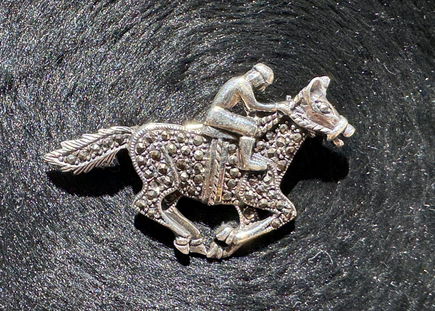 Sterling Silver & Marcasite Brooch, horse & jockey, 20th c.