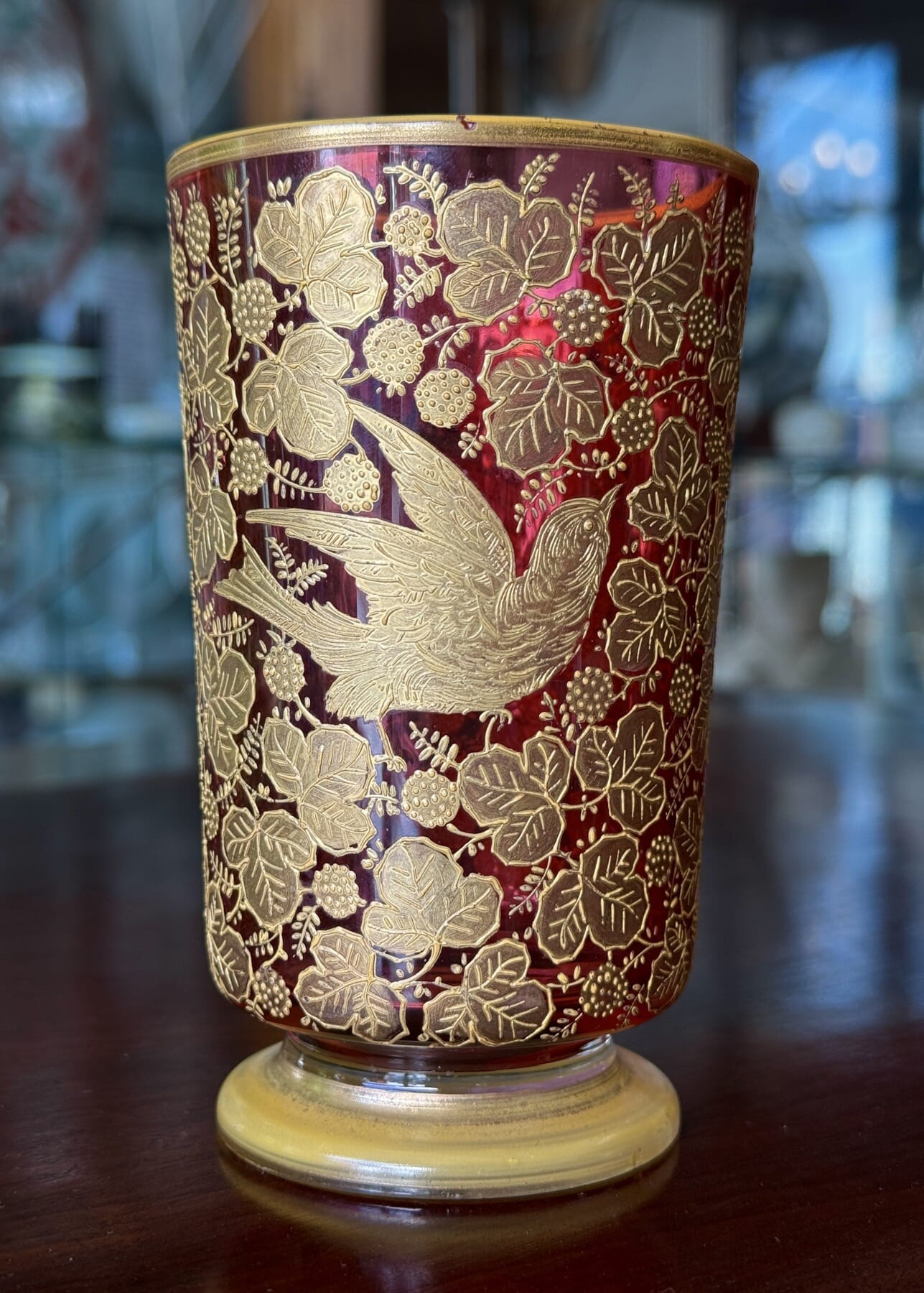 Moser Ruby Glass beaker, raised gold bird + berry pattern, c.1880