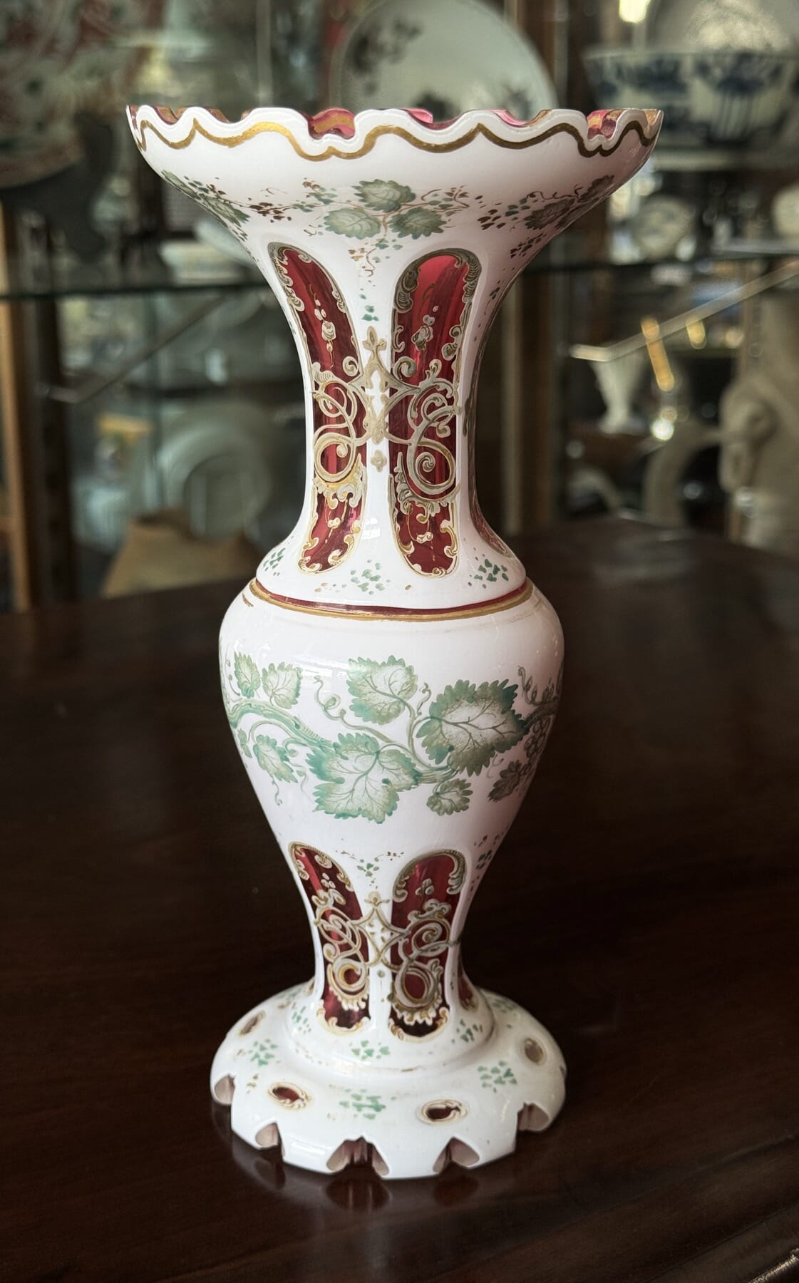 Victorian Cased Ruby Glass Vase, fine giltwork & fruiting vine, c. 1875