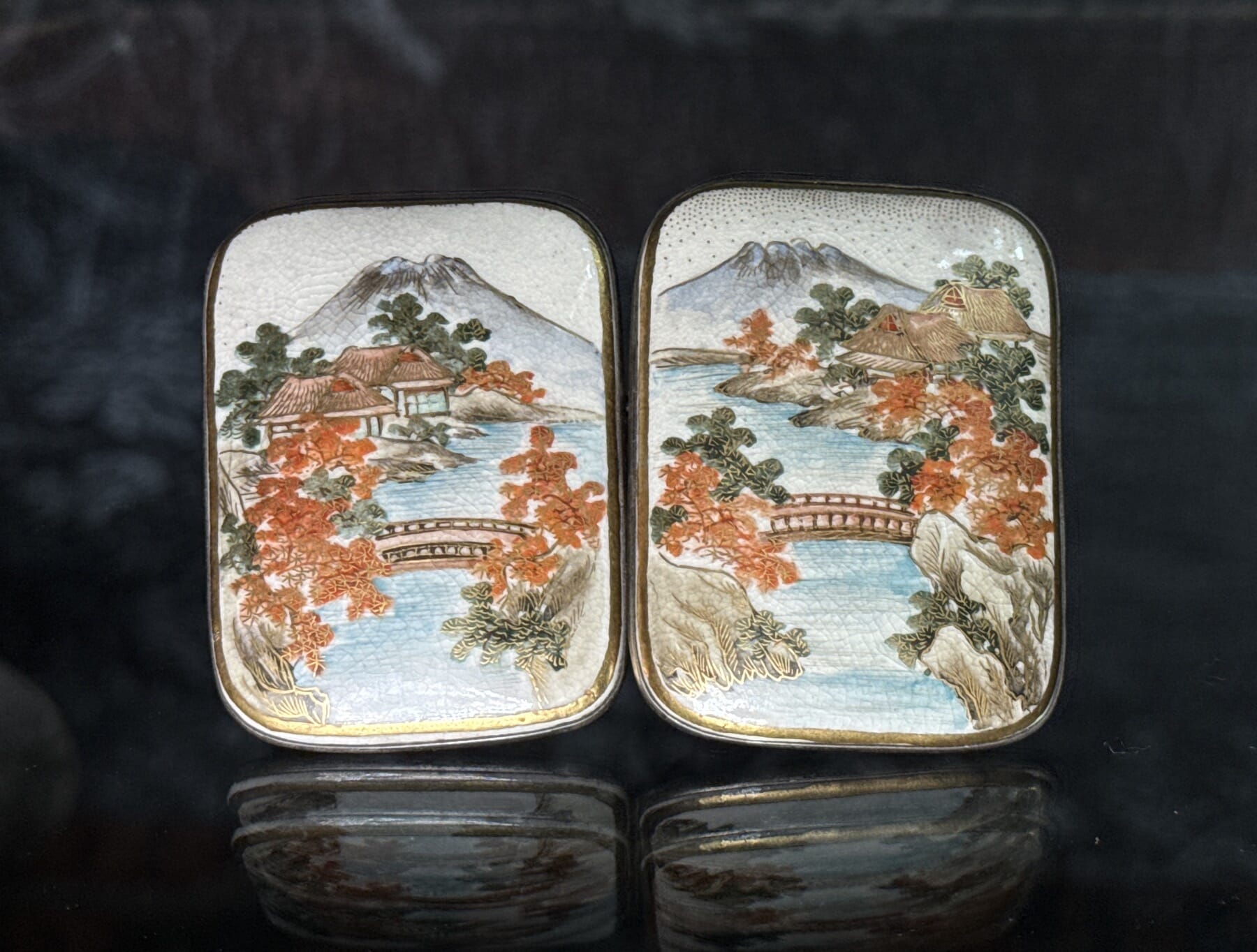 Satsuma belt buckles, scenic panels, c. 1895