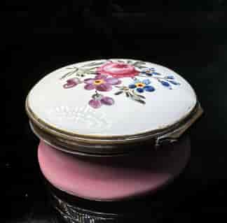 English enamel box, pink base with flowers to top, c.1760