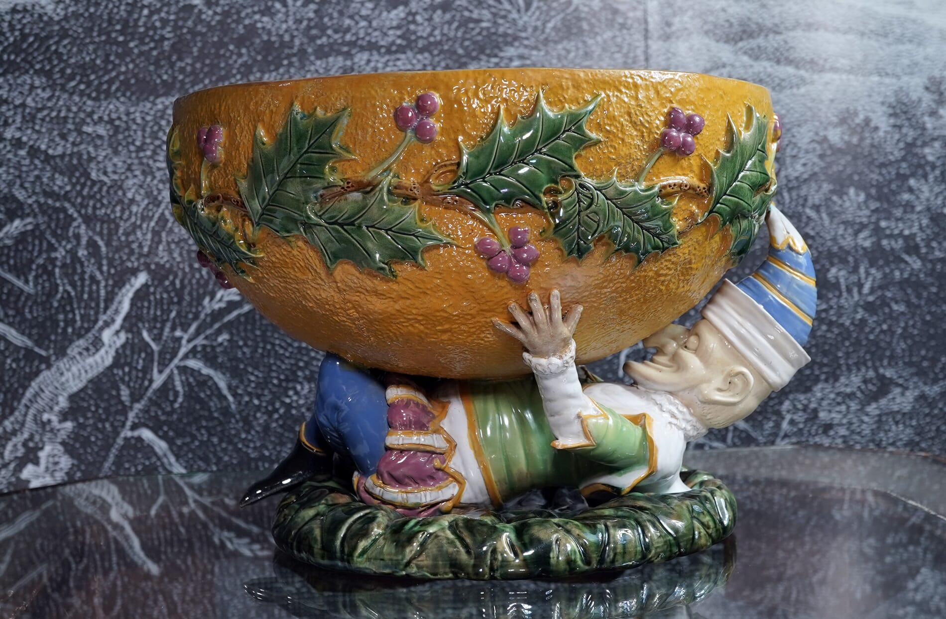Victorian George Jones Majolica 'Jester' punchbowl, 1873