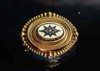 Victorian Gold brooch with enamel star & pearl, Etruscan style, c. 1865