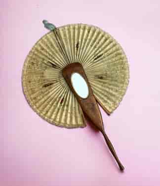 Unusual Victorian fan with olive wood case & mirror, slide-out concertina round face, swallow painted, c. 1880