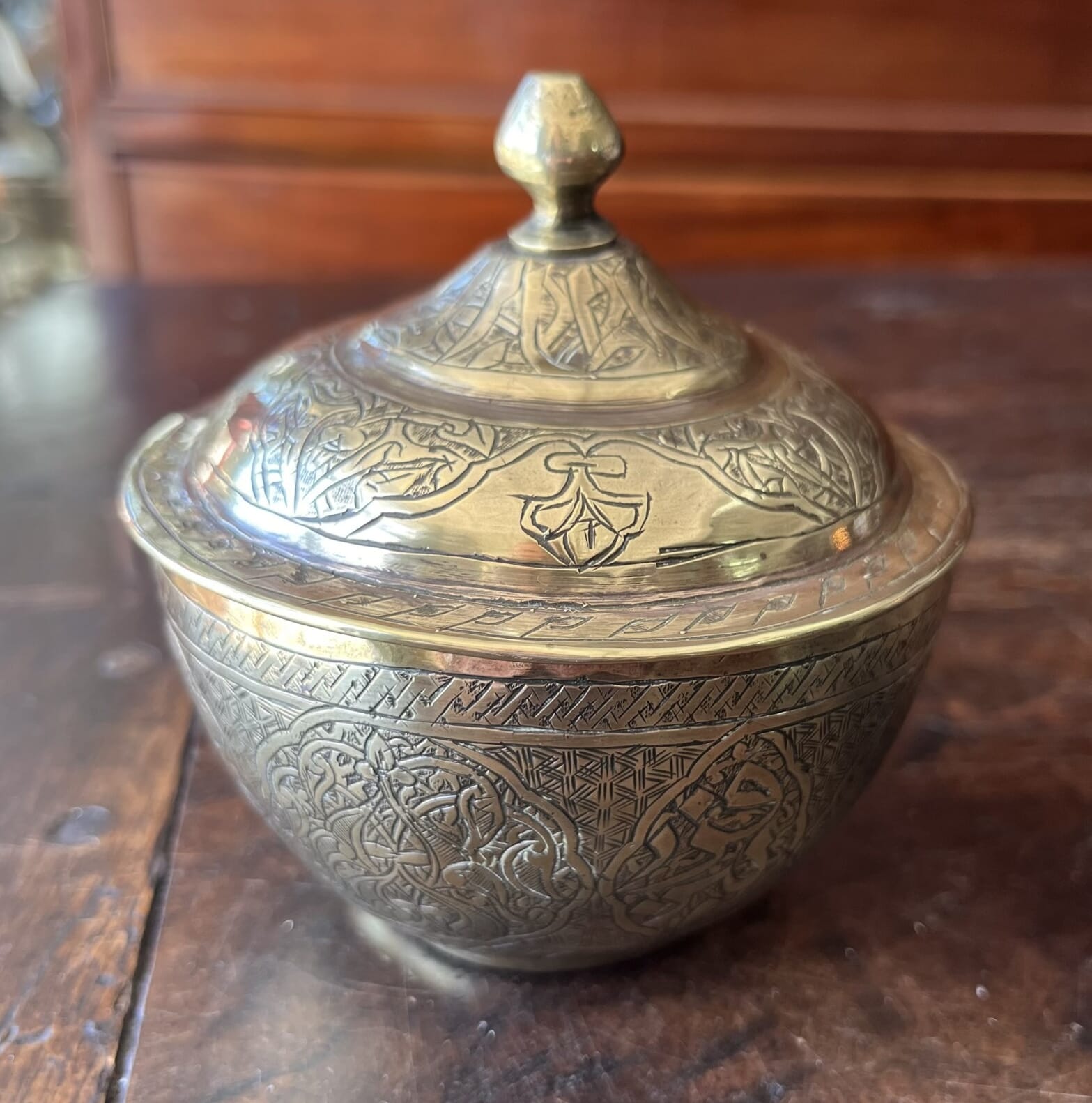 Damascus Ware brass covered box, incised Islamic script, c. 1900