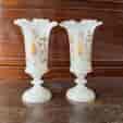 Pair of Victorian opaque white glass vases, scroll enamelwork, c. 1875