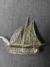 .800 Silver Filigree Brooch, sailboat, French c. 1910