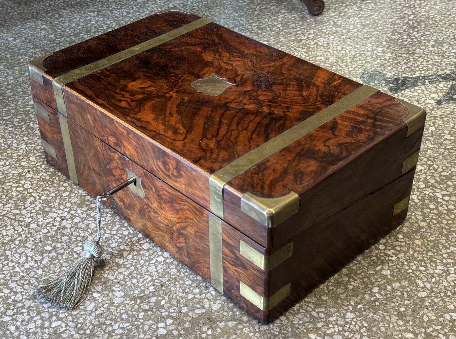 Victorian Burr Walnut & brass bound writing slope, c. 1875