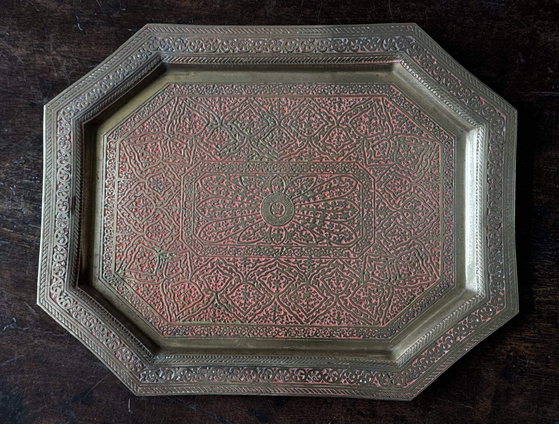 Indian style brass tray with fine incised design with red ground, KINCO UK, c. 1925