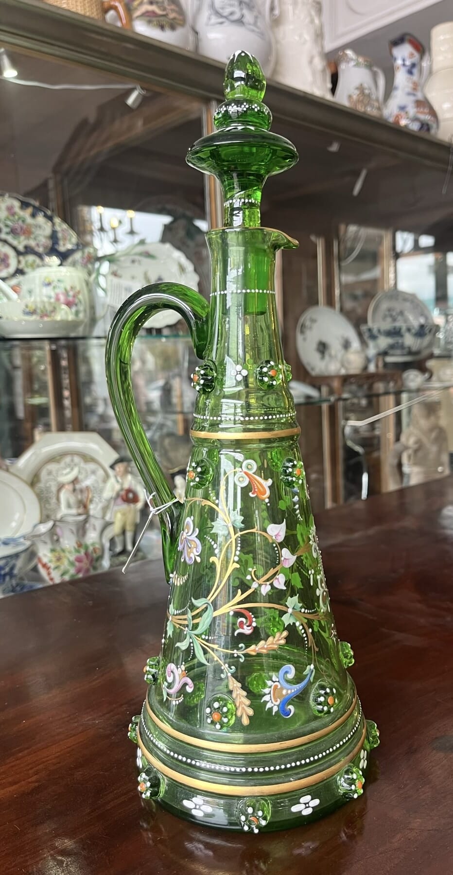 Moser green-glass decanter & stopper, enamels and prunts, c. 1880