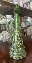 Moser green-glass decanter & stopper, enamels and prunts, c. 1880