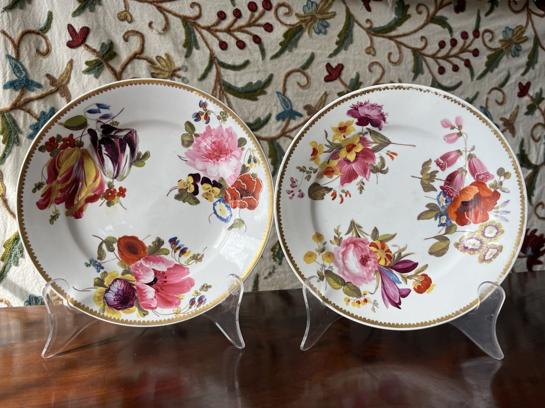 Pair of Derby porcelain plates, superb large flower groups c. 1815