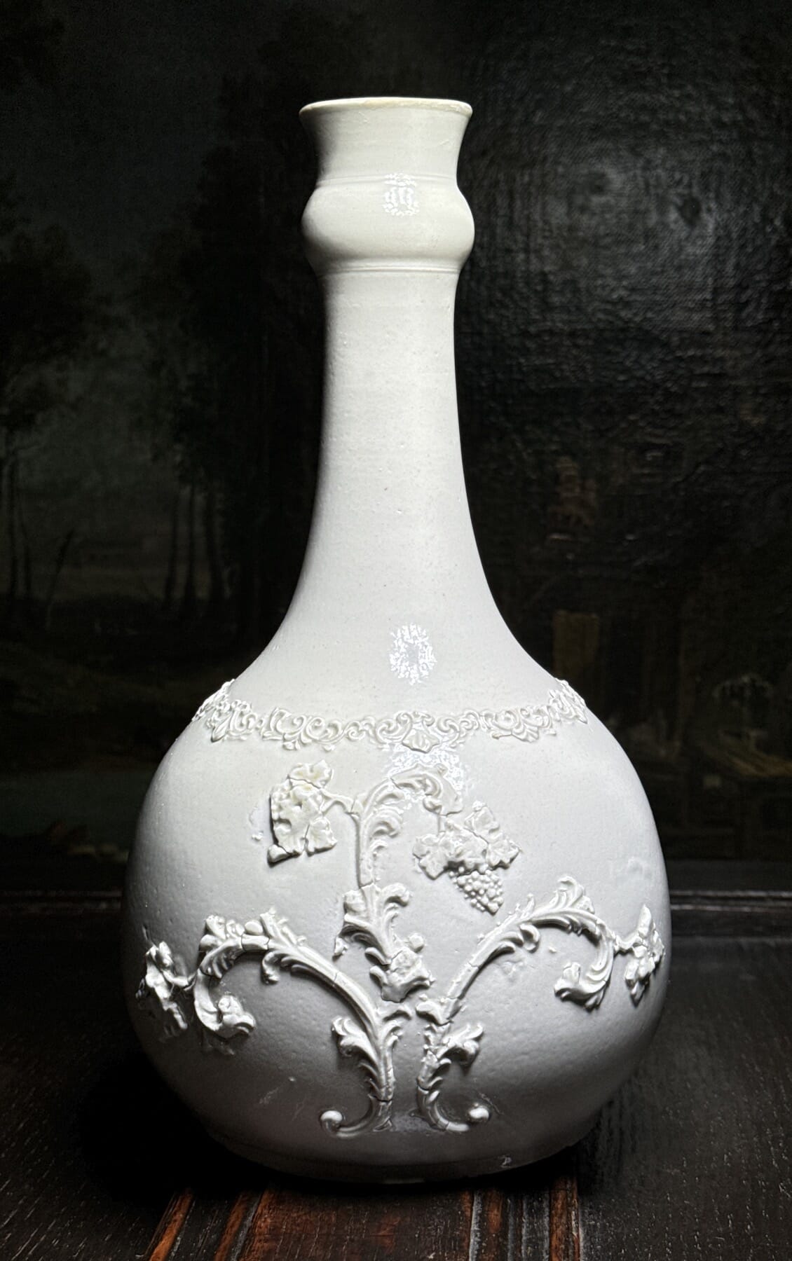 Saltglaze guglet with rococo scroll & fruiting vine sprigging, c. 1750 ...