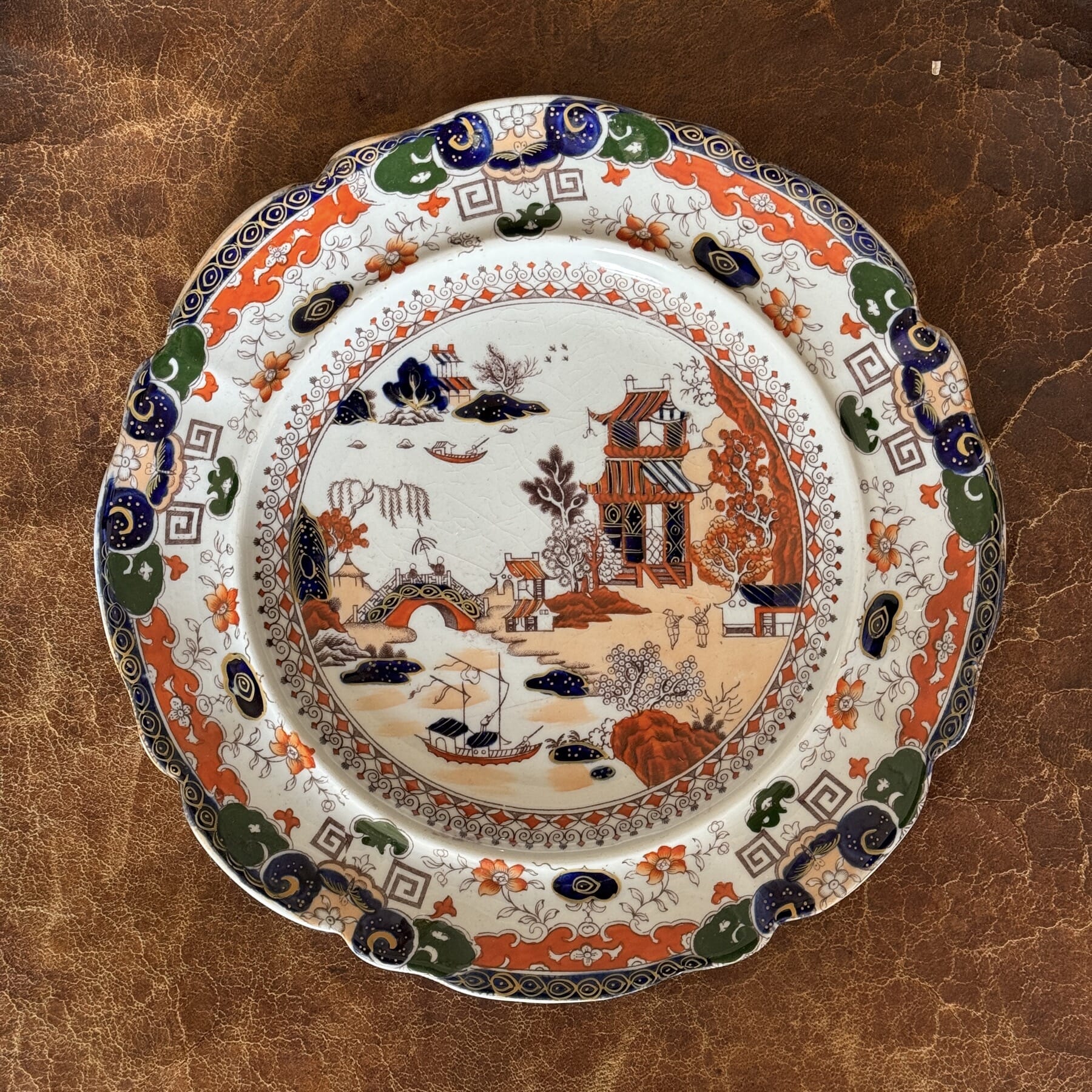 Mason's Ironstone plate, brown-orange-green Chinoiserie, c. 1860
