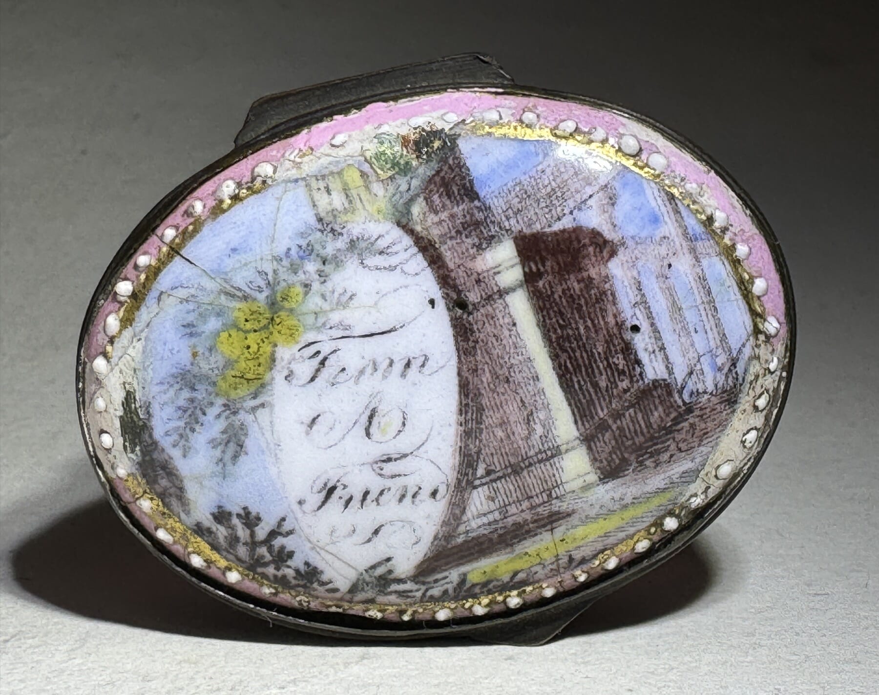 English enamel patch box, ruins with 'From a Friend',  c. 1790