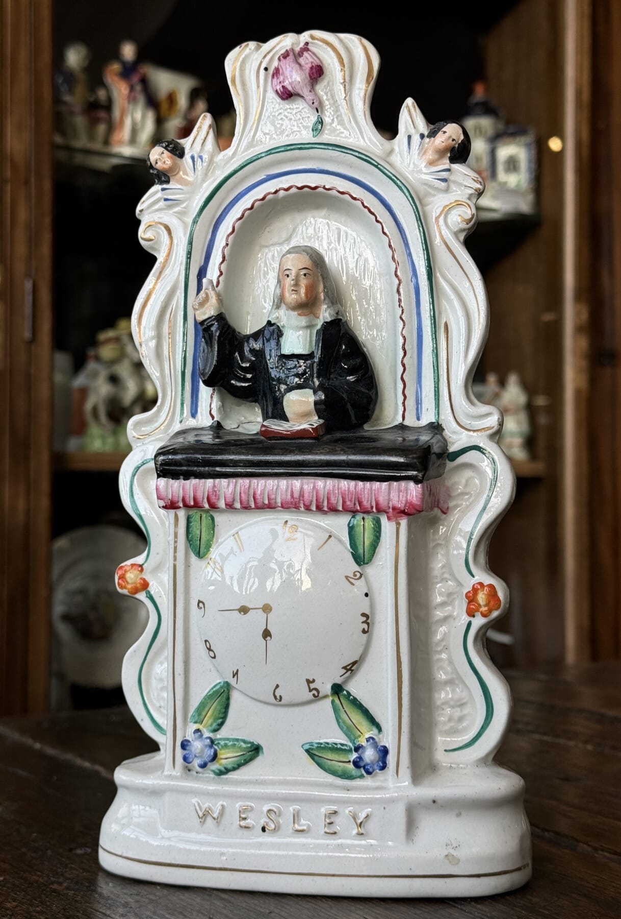 Staffordshire pottery flat back clock group, Wesley in his Pulpit, c. 1865