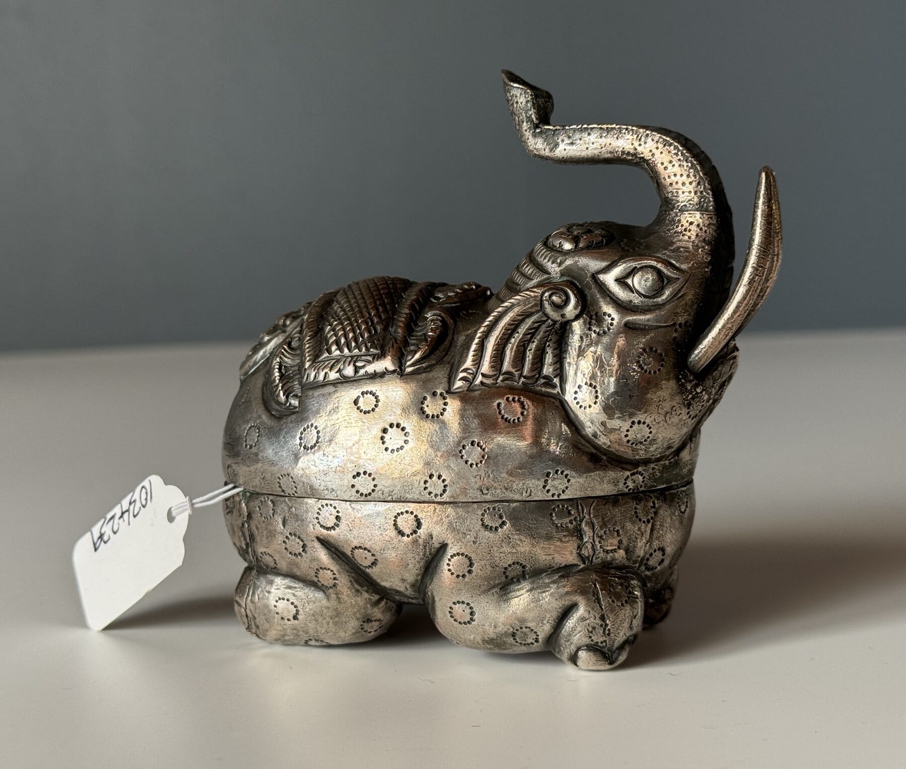 Small Cambodian silvered copper 'Elephant Box', earlier 20th c.