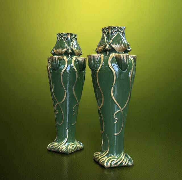 Beautiful authentic 18th Century French green glaze stoneware vase embolized with fleur de-lis