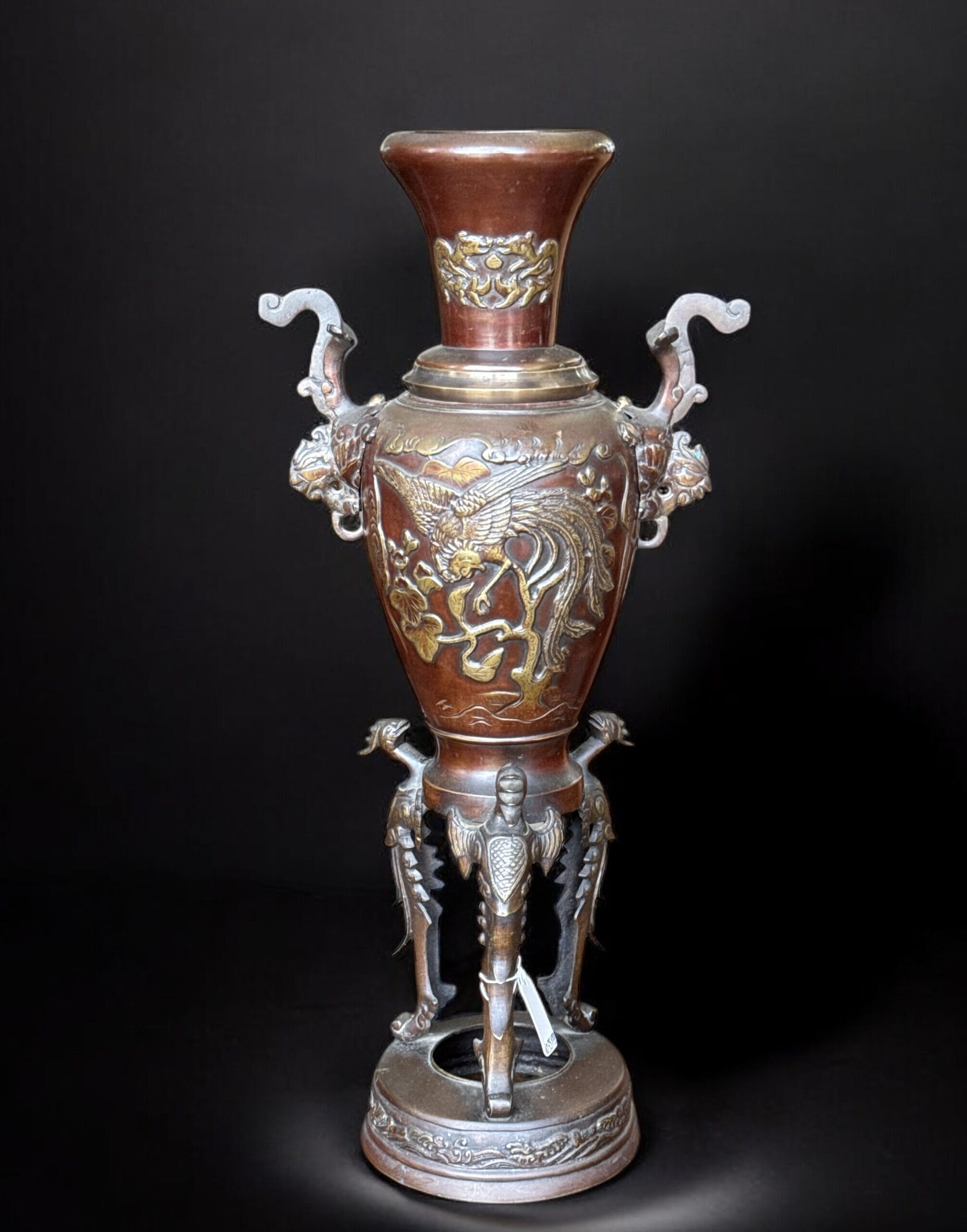 Japanese bronze vase with phoenix handles, c 1900