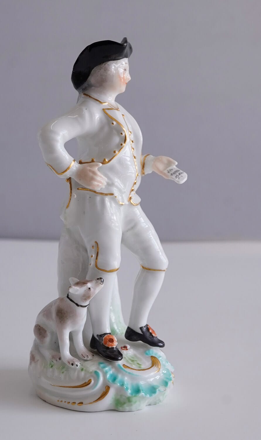 Derby figure , a dandy in white, circa 1775